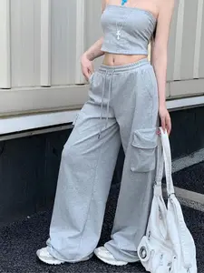 Women's Plain Drawstring Pocket Pants, Casual Streetwear Trousers for Daily Wear, Ladies Bottoms for All Seasons