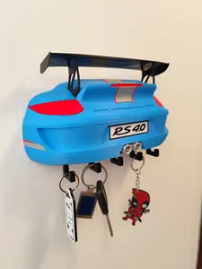 Sports Car Key Holder with Spoiler – Blue Racing Inspired Wall Mount Key Rack – Car Lover Gift, Garage & Man Cave Organizer