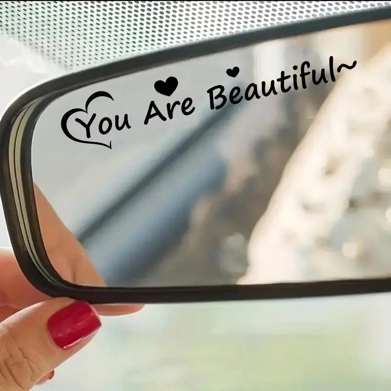 1PC Car Rearview Mirror Sticker "You Are Beautiful" Inspirational Quote Design, Suitable for Car Side Mirrors, Makeup Mirrors, Waterproof and Sun-proof Accessories, Car Decals, Car Decorations, Vehicle Decoration, Automotive Decoration
