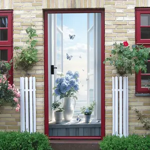 2pcs This decorative door wall sticker features a fresh blue hydrangea bouquet with lively butterfly elements and a sea view background outside the window creating a tranquil natural atmosphere Self a