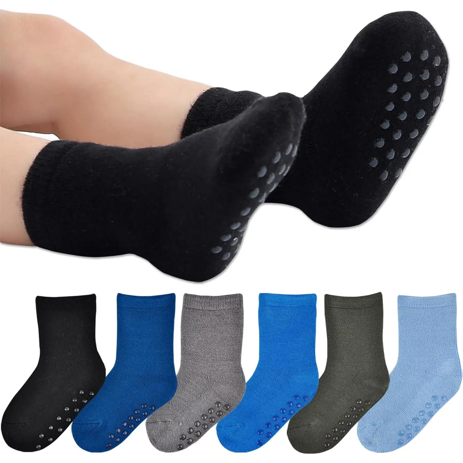 X-SOK07   6 Pairs Toddler Thick Thermal Crew Socks Baby Winter Socks Boys and Girls Cute Warm Slipper Socks with Non Slip Girps