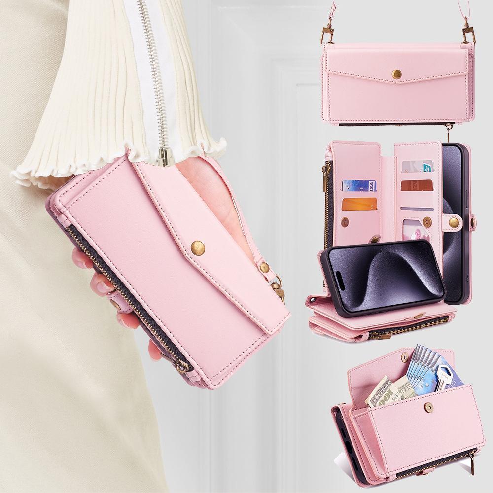 Smartphone, women's wallet protective case, supports wireless charging, with RFID card holder, detachable magnetic case, crossbody strap, wristband zipper mobile wallet, Cash, Protection, Accessories For iphone 17 phone case /16/15/14/13/12 Pro Max Plus