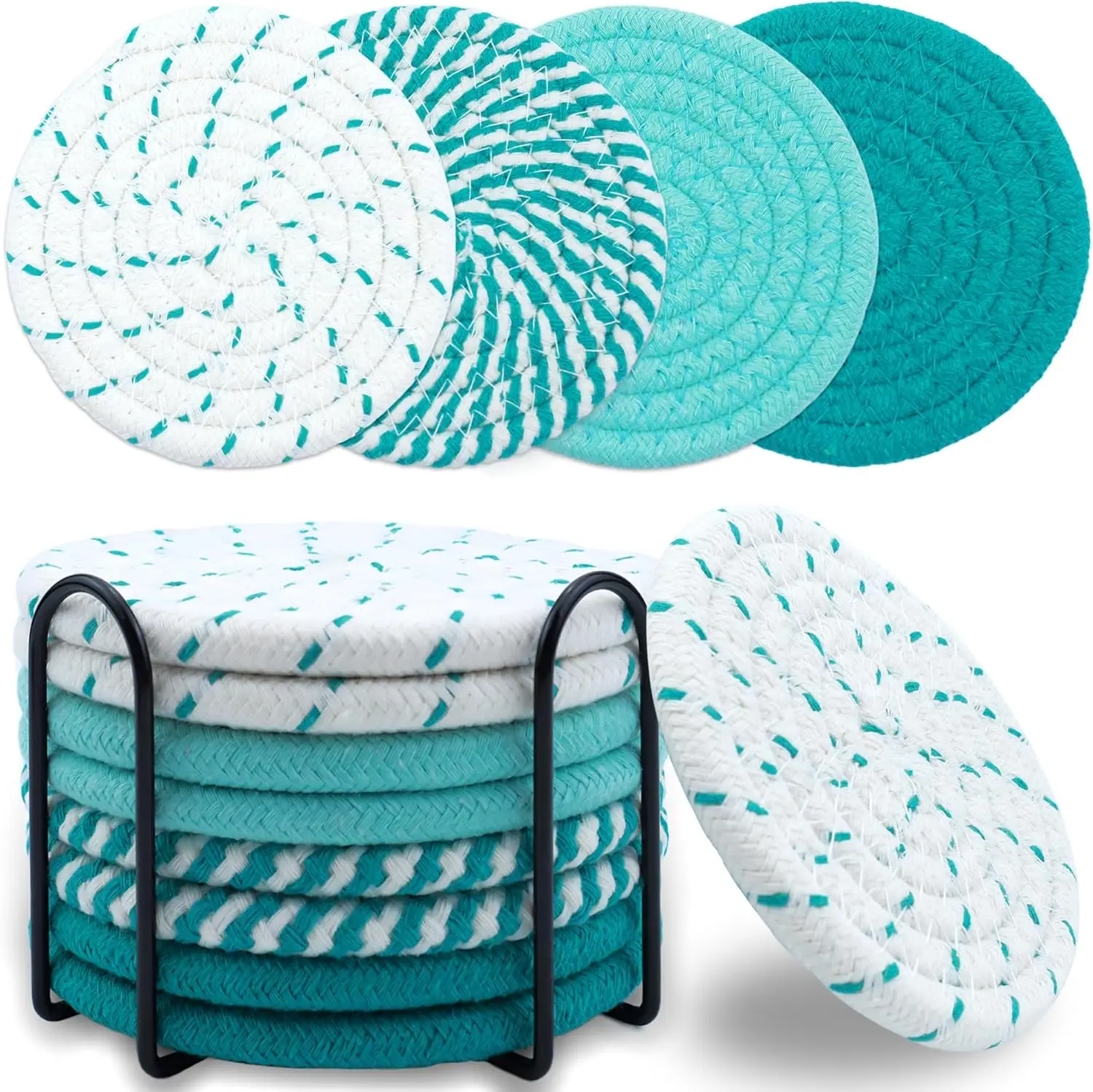 8 Pcs Drink Coasters with Holder, Minimalist Cotton Woven Coaster Set, Absorbent Coaster Protection Protection for Various Cups, Ideal for Coffee Tables and Home Decor Tabletop, 4.3 Inches
