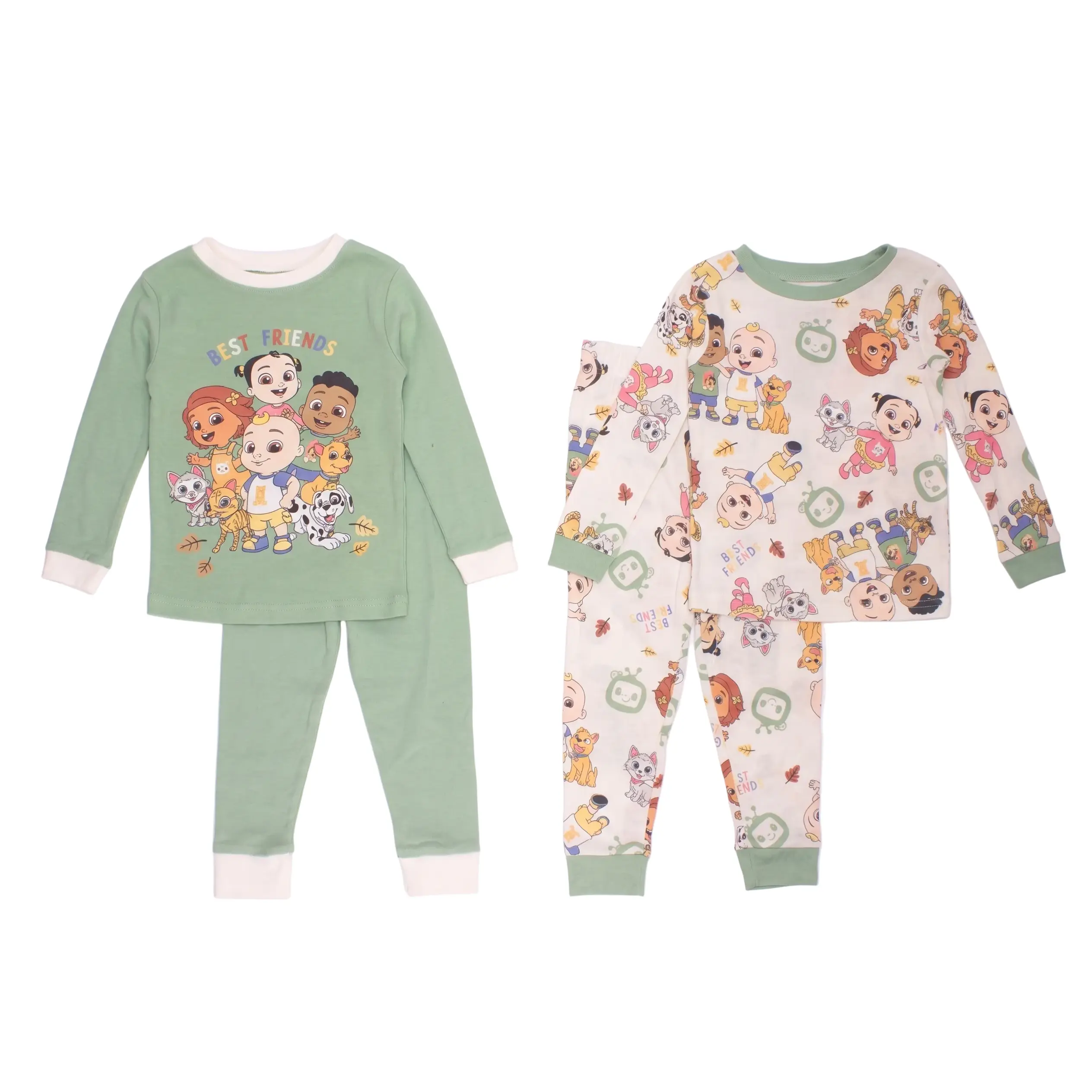 CoComelon Unisex 4-Piece Cotton Pajama Set, JJ and Friends "Best Friends" Graphic Tees and Matching Pants, Sage Green/Cream