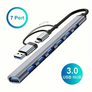 Slim 7 Ports in 1 USB 3.0 Hub with USB & Type C Adapter, High-Speed Multiport Splitter 2.0 & 3.0 USB Ports for Laptop, PC, Tablet, Smartphone