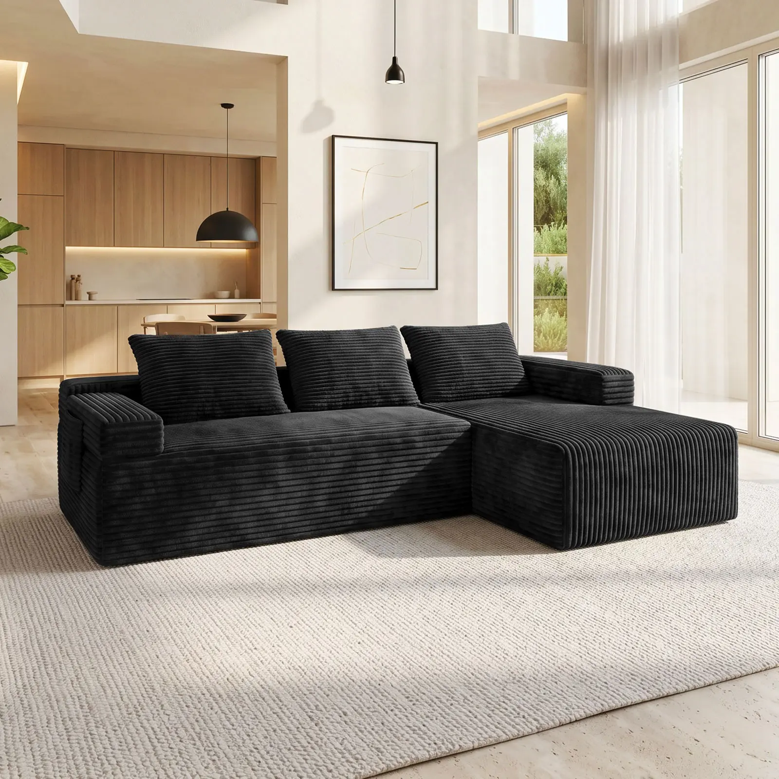 VNAOE New Modern 5-Seat Modular L & U Shaped Recliner Boneless Sectional Sofa with Fixed Arms, Soft Corduroy Fabric, Multi-Layer Memory Foam Padding, Deep Seat Living Room Couch, Tool-Free Assembly