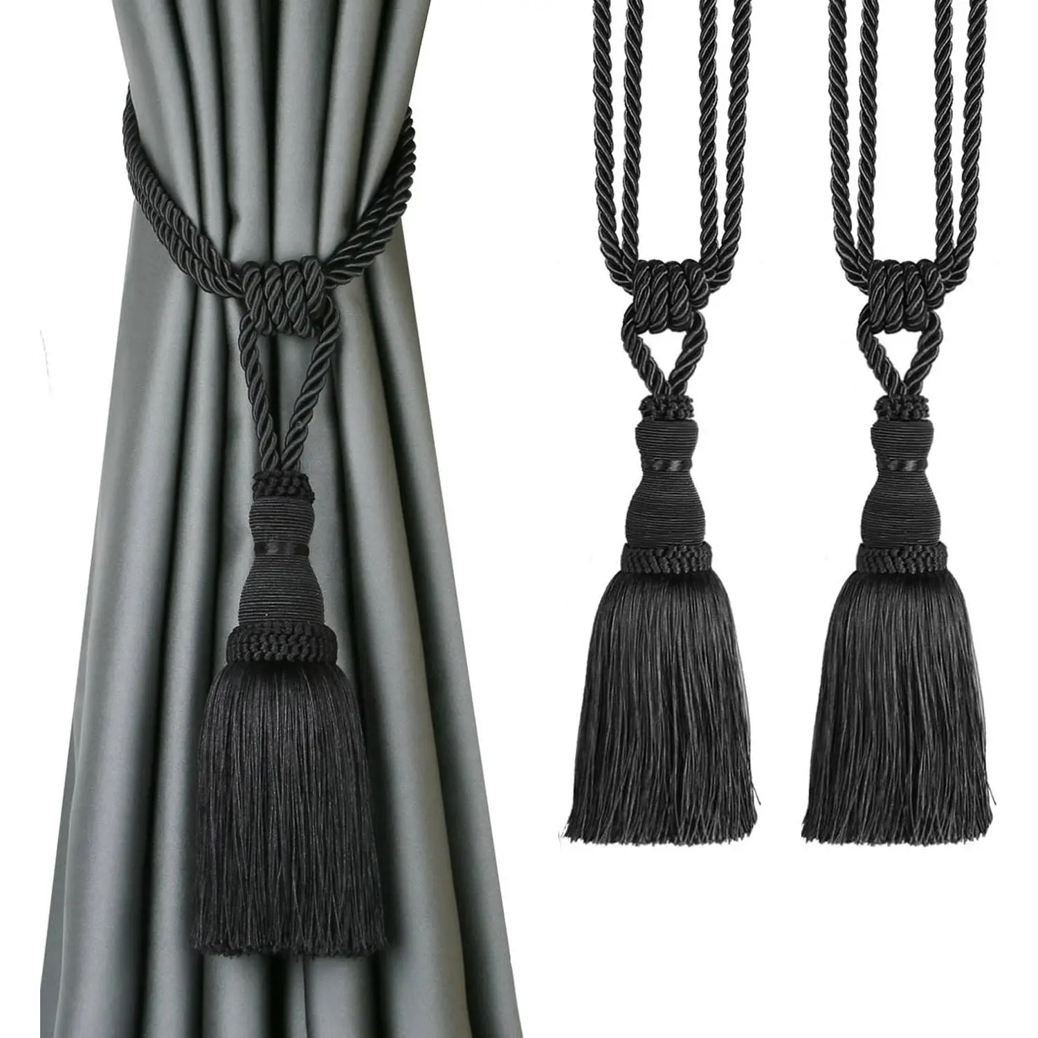2 Pack Curtain Tiebacks Tassel Drapery Tie-Backs Rope Handmade Holdbacks Home Office Hotel Decorative (Black)