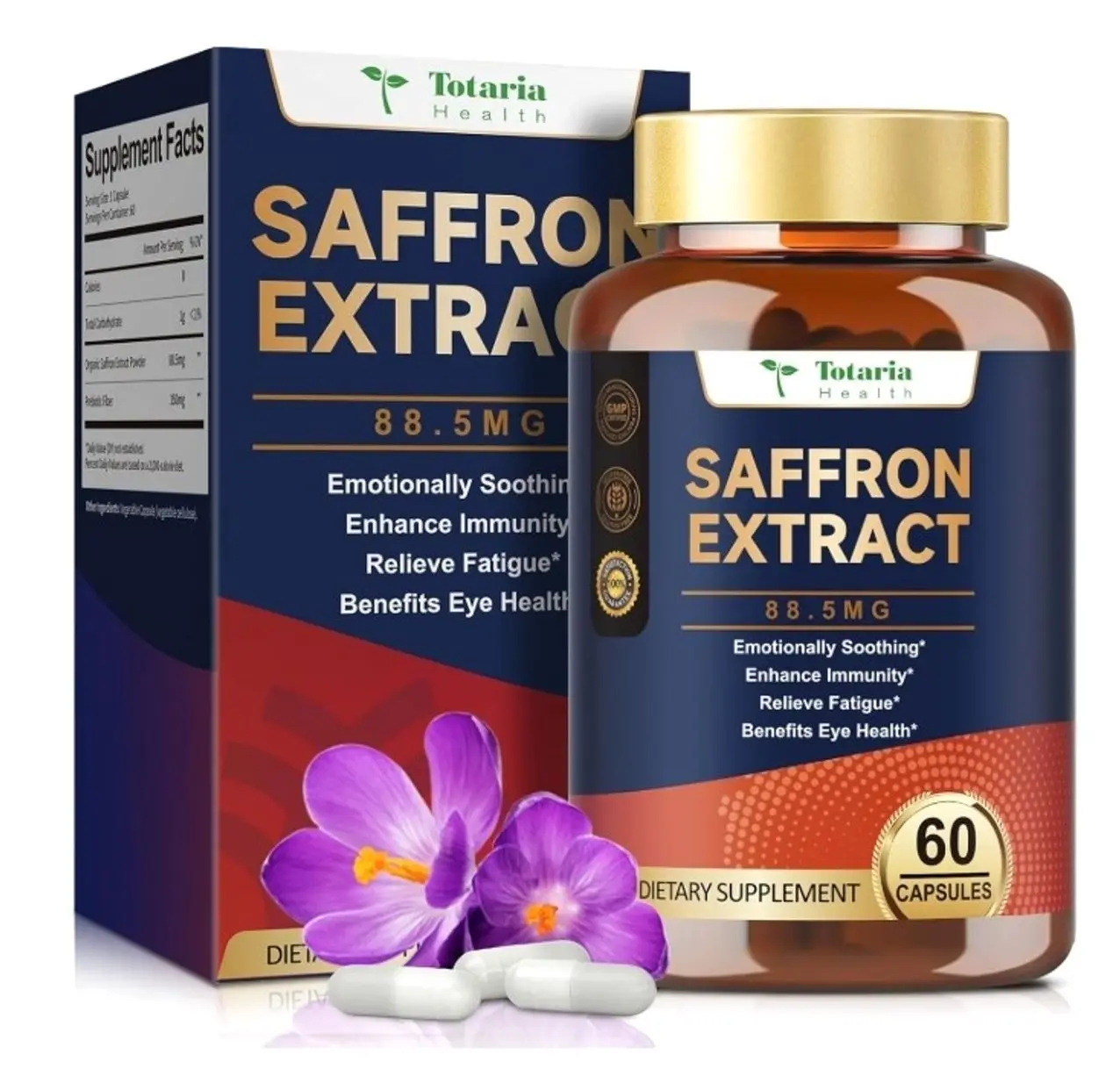 Saffron Supplements with Prebiotic Fiber - Saffron Extract 88.5mg with Crocins, Safranal & Safromotivines for Mood, Energy, Eyes, Immunity, Blood, Digestion, Men & Women, 60 Vegan Caps