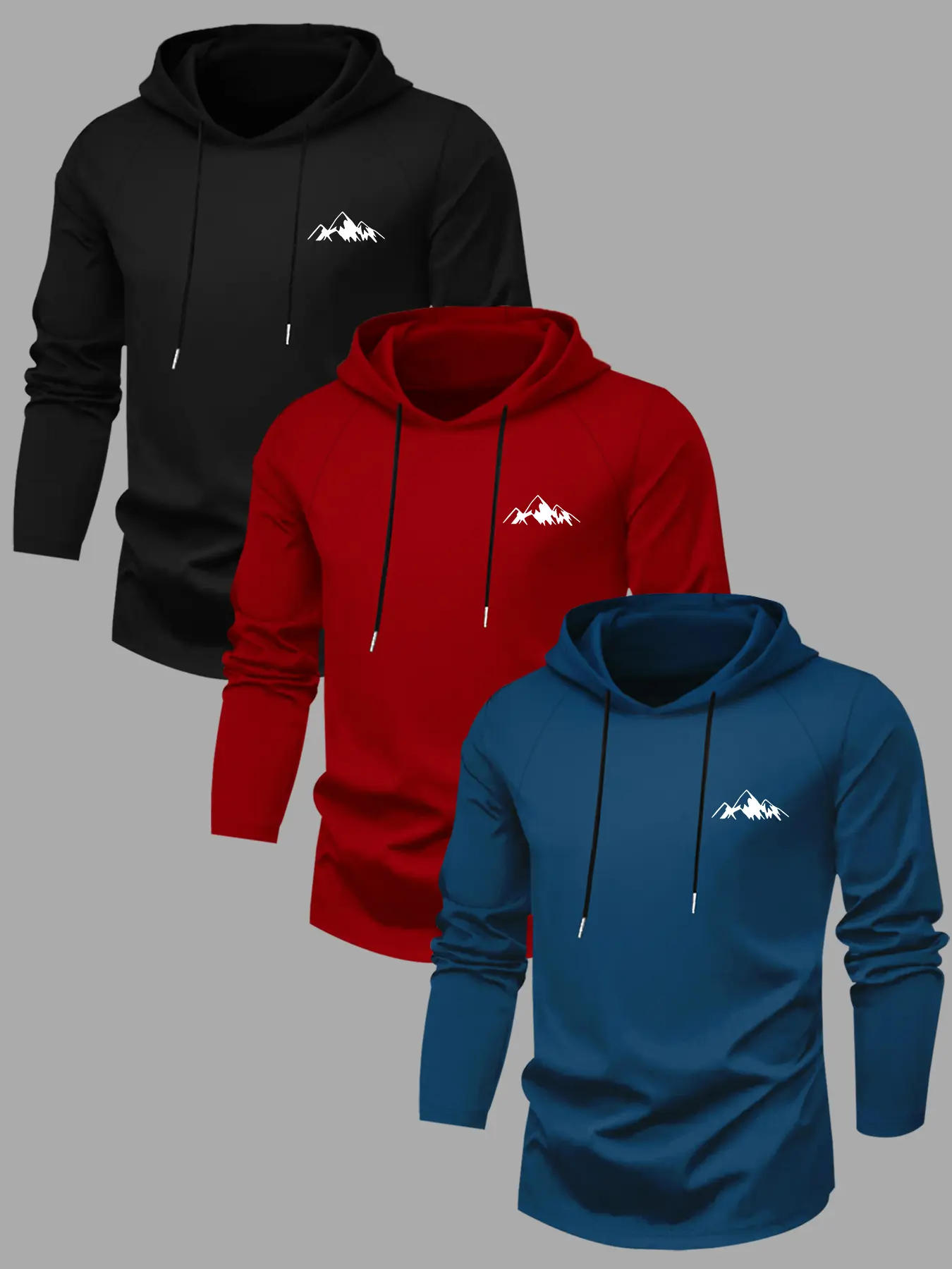 Men's 3-Piece Set Graphic Print Hooded Long Sleeve T-Shirt, Fall & Winter Outdoor Casual Fitted Tee, Graphic Print Hoodie, 3-Pack
