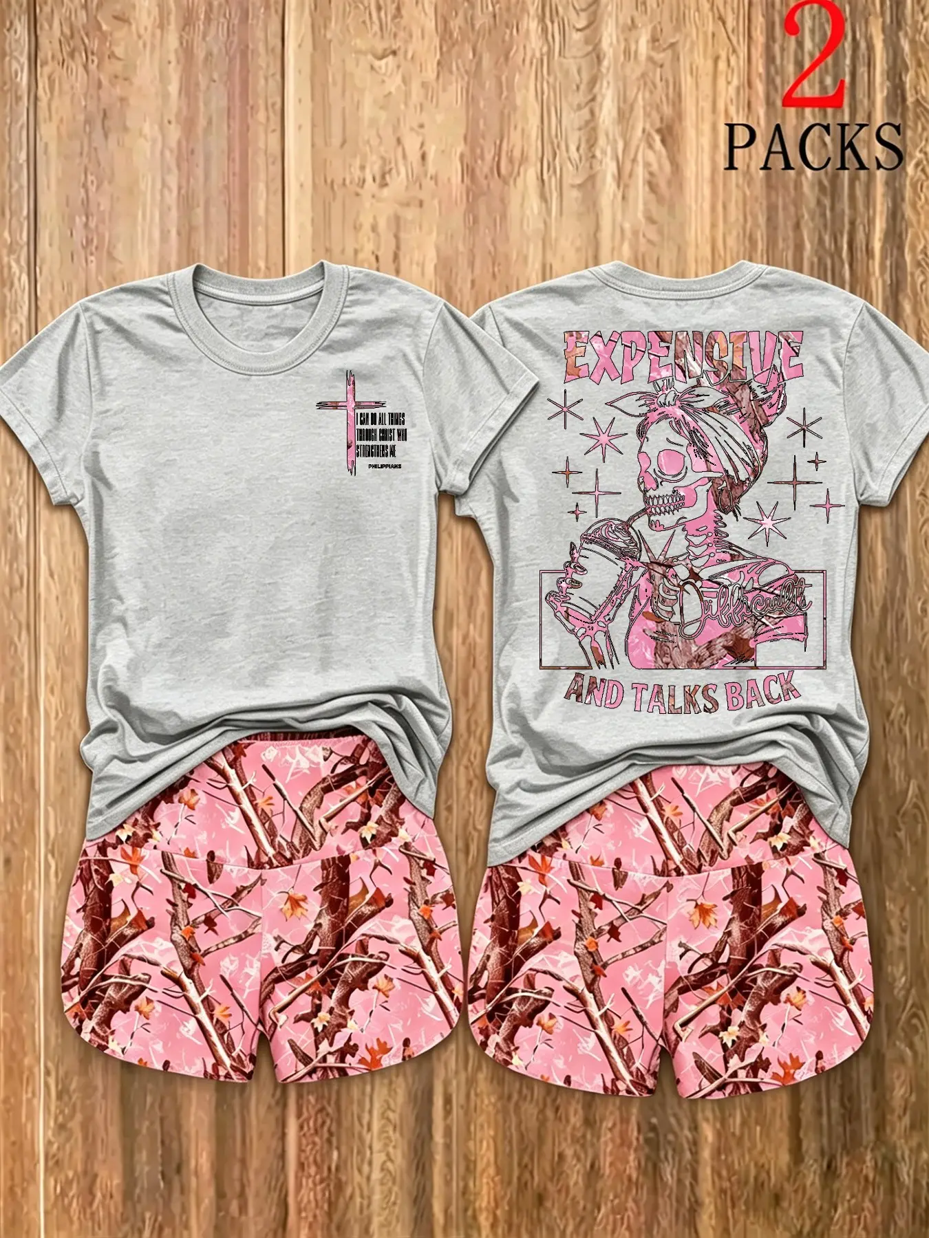Trendy Cowgirl Two-Piece Set Outfit, Light Graphic Tee with Bold Skeleton Print, Camo Shorts, Casual Slim-Fit Clothes