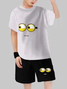 Boys Summer Active Set, Minions Cartoon Full Print, Children Loose Short Sleeve Shorts Two-Piece, Casual Fitted