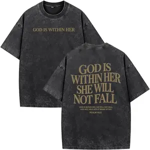 Women's Christian Oversized Round Neck Short-Sleeve Acid Washed Graphic Tee - God is Within Her, Faith Religious Jesus Themed, Casual Streetwear Lady Clothe