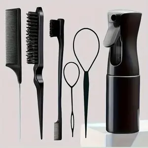 6 Piece Hair Styling Brush Set with Spray Bottle, Detangling Comb, Sectioning Comb, Tail Comb, Braiding Tools for Men and Women, Hair Grooming Kit