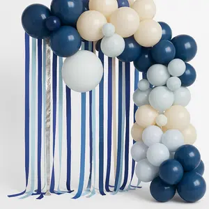 Elegant Blue and Cream Balloon Arch with Streamers