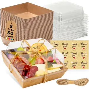 50 Pack Small Charcuterie Boxes with Clear Lids - To Go Paper Mini Charcuterie Box, Disposable Food Containers, Dessert Containers - Sandwich, Cookie, Sushi, Cake Slice, Strawberries