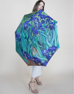 Collapsible Sunshade Umbrella – Watercolor Floral Starry Night Print, Lightweight Travel Parasol, Oil Painting Design, UPF 50+ UV Protection, Compact & Waterproof