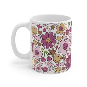 Cheerful Floral Smile Ceramic Mug, Cute Drinkware for Happiness, Gift for Coffee Lovers, Birthday, Mother's Day, Kitchen Decor, Positive Vibes unique mug heart Daisy Pattern