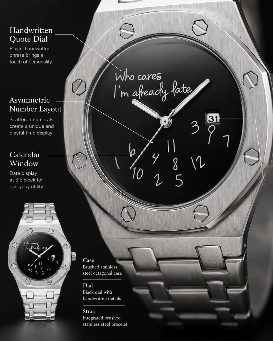Men's Octagonal Stainless Steel Fashionable Quartz Analog Wristwatch - Handwritten "Who Cares I'm Already Late" Quote Dial, Asymmetric Numbers, Date Window, Integrated Bracelet, Fashionable Wristwatch, Stainless Steel Wristwatch