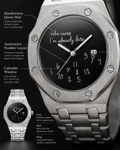 Men's Octagonal Stainless Steel Masculine Quartz Watch - Handwritten "Who Cares I'm Already Late" Quote Dial, Asymmetric Numbers, Date Window, Integrated Bracelet, Masculine Quartz Watches