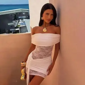 Townlike Pleated Slim Bodycon Dress Women Off Shoulder Mini 2025 Summer Dress Lace Patchwork Nightclub Sexy Party Dresses