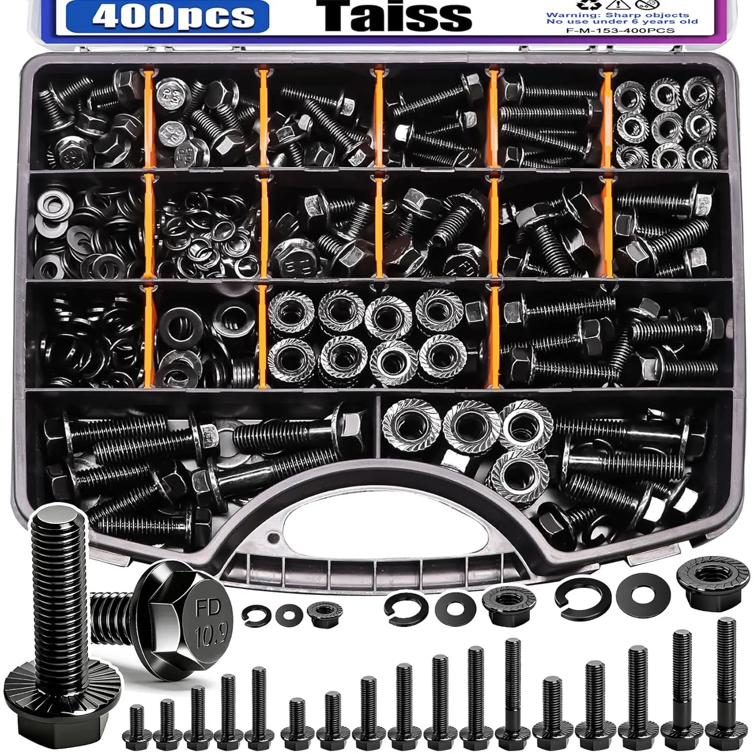 Taiss 400PCS Metric Flange Bolt Assortment Kit,M6x1.0, M8x1.25, M10x1.5 Bolts(12mm to 45mm),Hex Bolts and Nuts Washers Kit,Metric Bolt Assortment for Automotive Fasteners,10.9 Black Zinc Galvanized