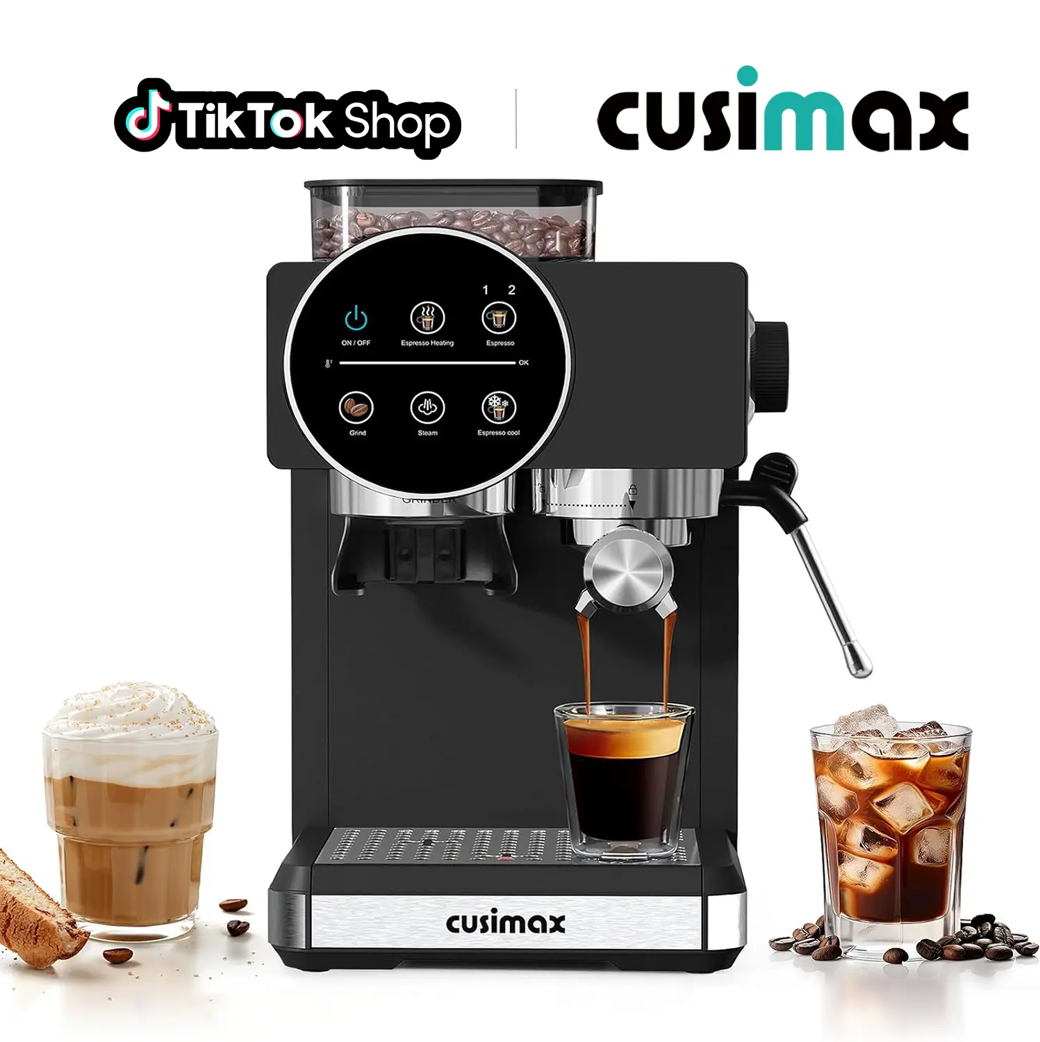 CUSIMAX 20-Bar Compact Semi-Automatic Espresso Machine for Kitchen, At Home Espresso with Built-in Grinder, Milk Frother Steam Wand, 60oz Removable Water Tank, Removable Parts, 1350W Fast Heat, US Plug, Ground Coffee Compatibility, tiktokshopbacktoschool,