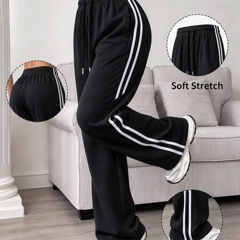 Women’s side-striped athletic sweatpants, casual joggers with an elastic waistband featuring a drawstring for adjustable waist fit, suitable for all seasons, with double white stripes on both sides of the pants, ideal for workouts, training, and everyday