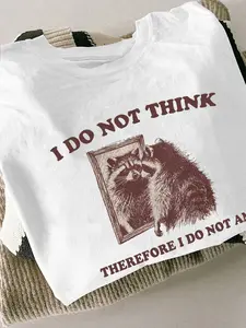 Vintage Raccoon Mirror Fun Philosophy T-Shirt, Cute Animal Pattern Top, Unisex Street Style Casual Shirt, Loose-Fitting Short Sleeve Tee, Fashion