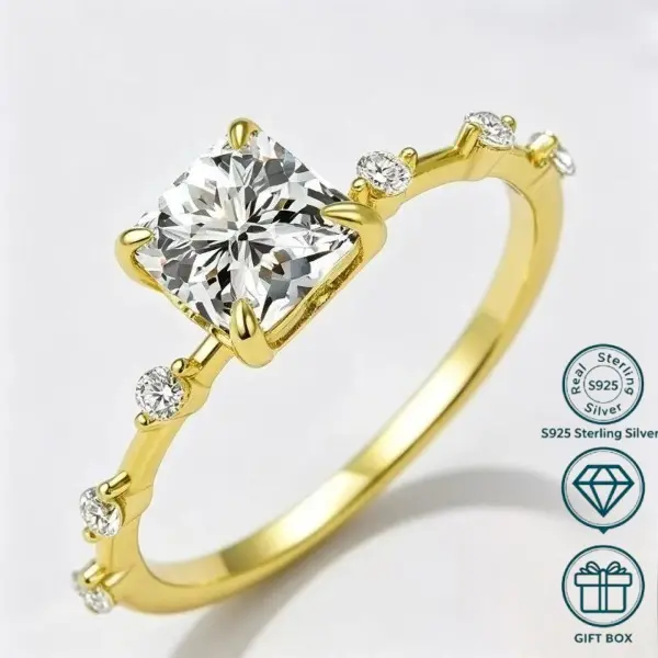 S925 Sterling Silver Simple Princess Ring, Inlaid with Square Zirconia, Mother's Day Gifts for Mom - Anniversary, Birthday Jewelry
