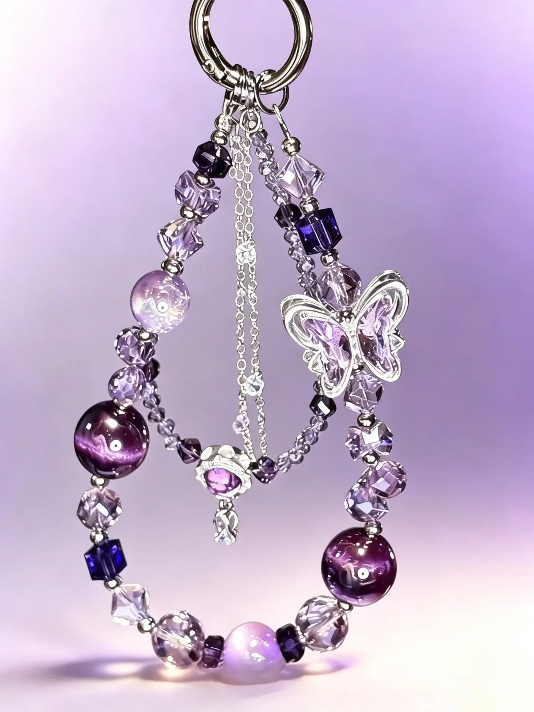 Bag Pendant Amethyst Gradient Butterfly Multi-Layer Beaded Keychain, Bling Bling Keychains, Faceted Faux Crystal Bling-Bling Pendant Light Luxury & Niche Style For Bags, Keys, And Mobile Phones, Girly Keychain