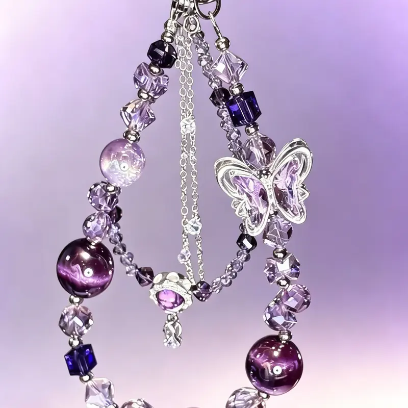 Bag Pendant Amethyst Gradient Butterfly Multi-Layer Beaded Sparkling Keychain Faceted Faux Crystal "Bling-Bling" Pendant, Edgy Dreamy Niche Style, Sophisticated and Versatile Keychain for Bags, Keys and Mobile Phones Keychain Accessory