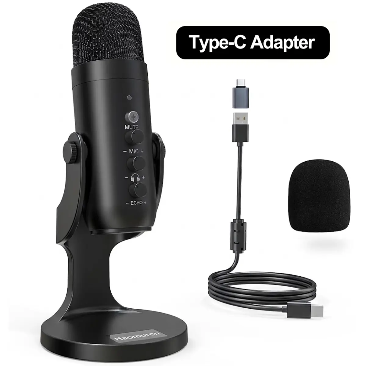 Haomuren K66 USB Condenser Microphone (No Lightning Adapter) With Noise Cancellation - Plug-and-Play for PS 4/5, iPad, Mac/Windows/Phones/PC, Vlogging Equipment with Monitor Adjust, Volume/Mic Gain Control, Mute Button, Podcast, Sing, ASMR Black Geek Gift