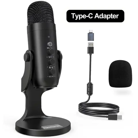 Haomuren K66 USB Condenser Microphone (No Lightning Adapter) With Noise Cancellation - Plug-and-Play for PS 4/5, iPad, Mac/Windows/Phones/PC, Vlogging Equipment with Monitor Adjust, Volume/Mic Gain Control, Mute Button, Podcast, Sing, ASMR Black Geek Gift
