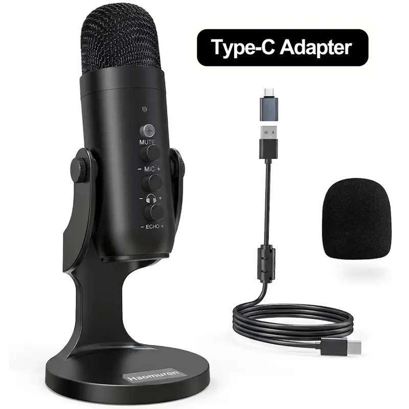 Haomuren K66 USB Condenser Microphone (No Lightning Adapter) With Noise Cancellation - Plug-and-Play for PS 4/5, iPad, Mac/Windows/Phones/PC, Vlogging Equipment with Monitor Adjust, Volume/Mic Gain Control, Mute Button, Podcast, Sing, ASMR Black Geek Gift