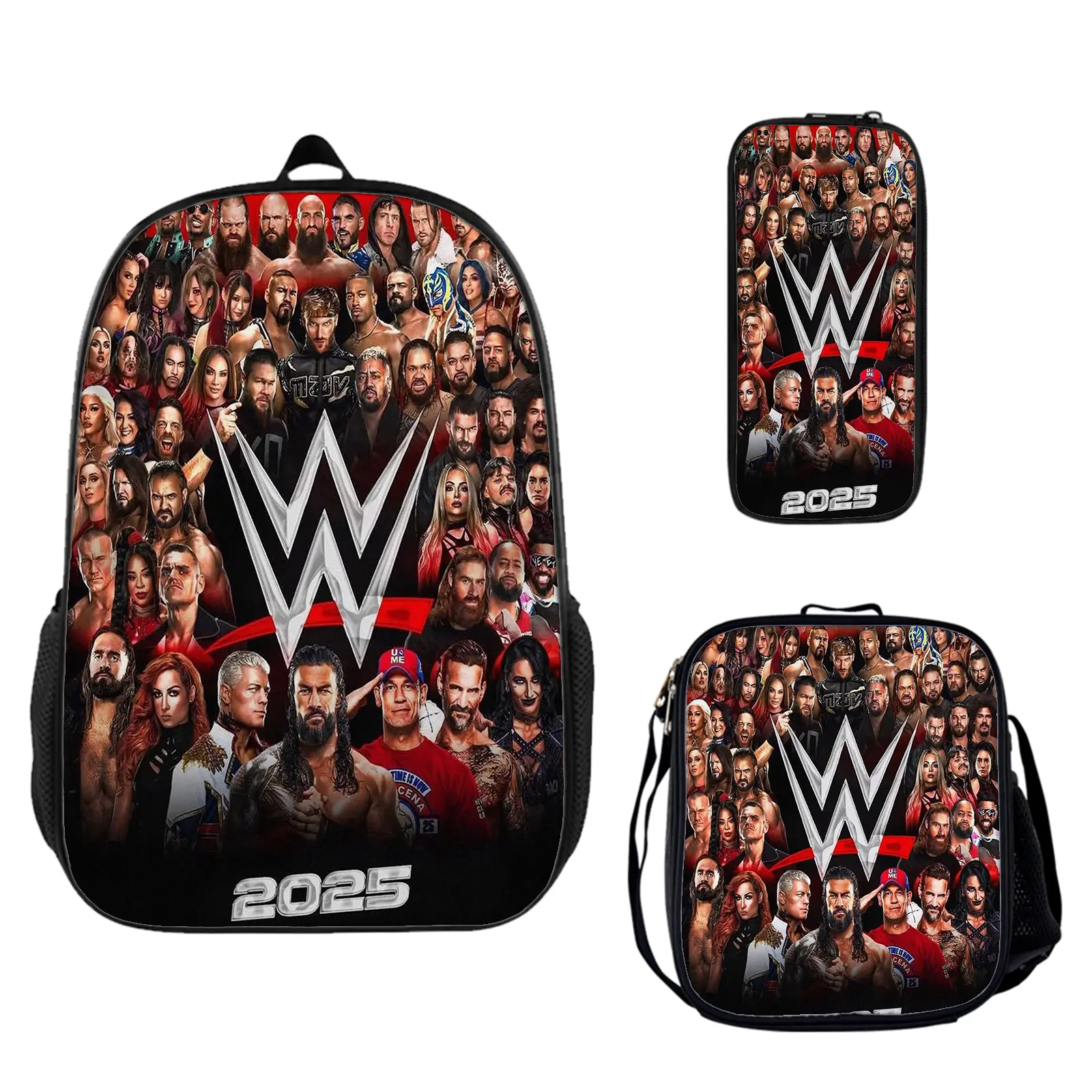 WWE 3-Piece Large Capacity Backpack Set - Water Resistant 1-Size School Bookbag with Insulated Lunch Box, Pencil Pouch for Teen Fans, Back to School Haul, Holiday/Camping Lightweight Travel Daypack Birthday Gift c-284, One Size