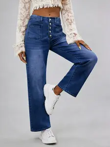 Women's Fashion Vintage Casual Button-Up Denim Washed Distressed Loose Straight-Leg Jeans, Comfortable Fit for Daily Casual Wear