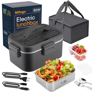Nifogo 1.8L Electric Lunch Box 80W Stainless Steel Portable Food Heating Box Display Screen Car Truck Work 12V 24V 110V Square Black