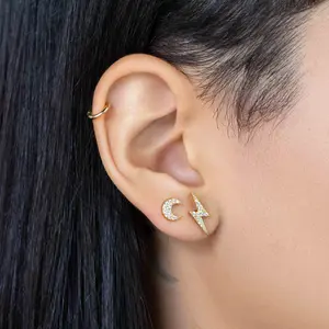 Mini Crescent Moon Stackable Earrings with Two Crescent Moons and Small Beads