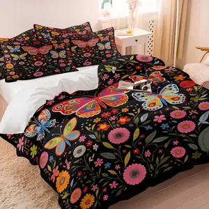 Colorful Folk Art Butterfly Duvet Cover Set, 1 Duvet Cover + 1/2 Pillowcases, No Filling, HD All Season Print, Soft Cozy Breathable Bedding, Black Background Floral Butterfly Pattern for Bedroom & Dorm Decor, Easy to Clean