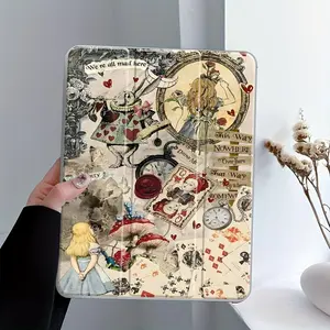 Retro Alice's Paradise Design Clear Acrylic Protective Case, Tablet Casing, Tablet Protective Cover with Pencil Holder, Tablet Accessories Compatible with iPad