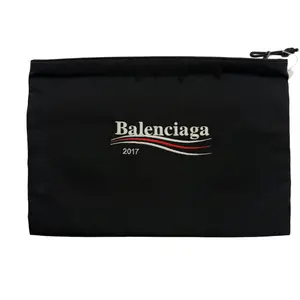 Pre-owned Balenciaga 2017 Logo Embroidered Drawstring Pouch Black Canvas Luxury Designer Storage Makeup Bag