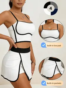 Women's Two-Piece Tennis Sports Activewear Set, Padded Tank Top & High-Waist Skirt Pants with Pockets, Ideal for Golf, Running, Yoga