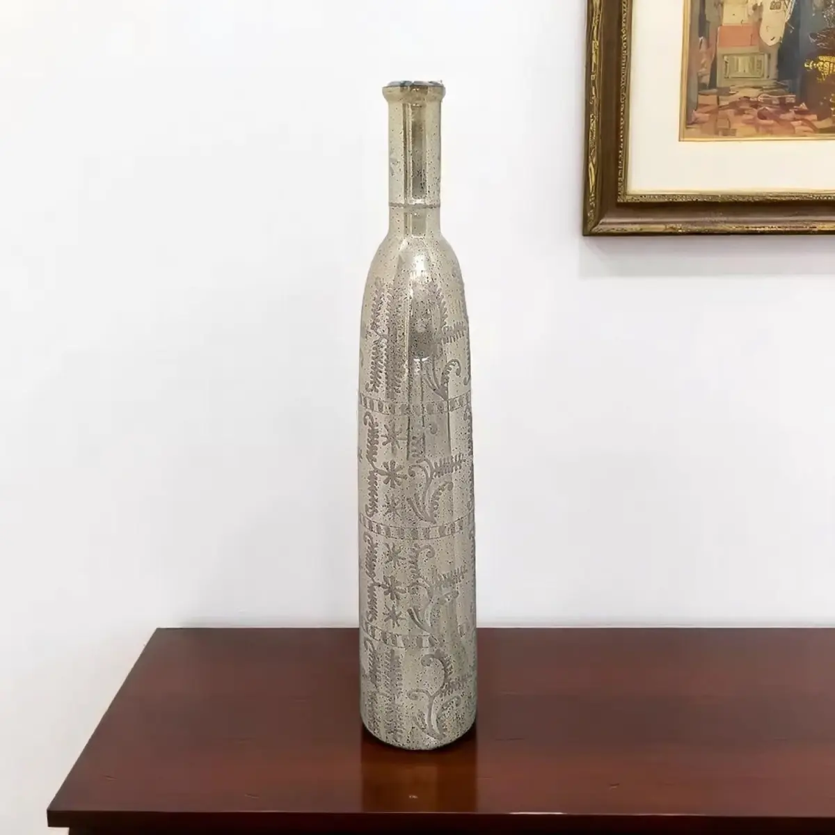 360 stand 35 in. Shiny Distressed Silver Floral Glass Cylinder Floor Vase - Vintage Modern Plant Holder, Flower Arrangement Vessel, Decorative Bottle, Table Decor Centerpiece, Transitional Home Supplies Gift, Flower Arrangement Vase