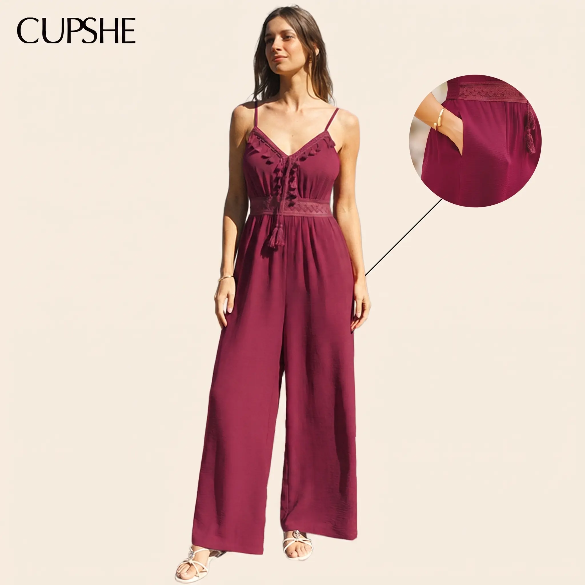 CUPSHE Women's Jumpsuit, Spaghetti Strap V Neck Wide Leg Long Jumpsuit, Flowy Relaxed Fit One Piece Outfit with Lace Up Tassel Waist and Pockets, Womenswear  Summer Beach Vacation Resort Wear, Casual Holiday Travel Romper
