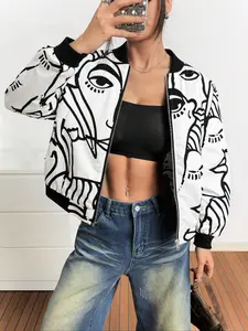 Women's Abstract Pattern Bomber Jacket, Loose Fit Windproof Short Coat, Y2K Streetwear, Fall & Winter Essential, Long Sleeve Design
