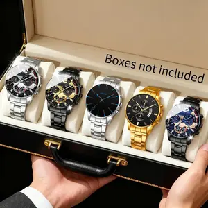 Men's Luxury Business Fashion Watch Set, 5 Multifunctional Quartz Watches, Chronograph, Date Alarm Stopwatch, Case, Strap, Elegant Gift Box