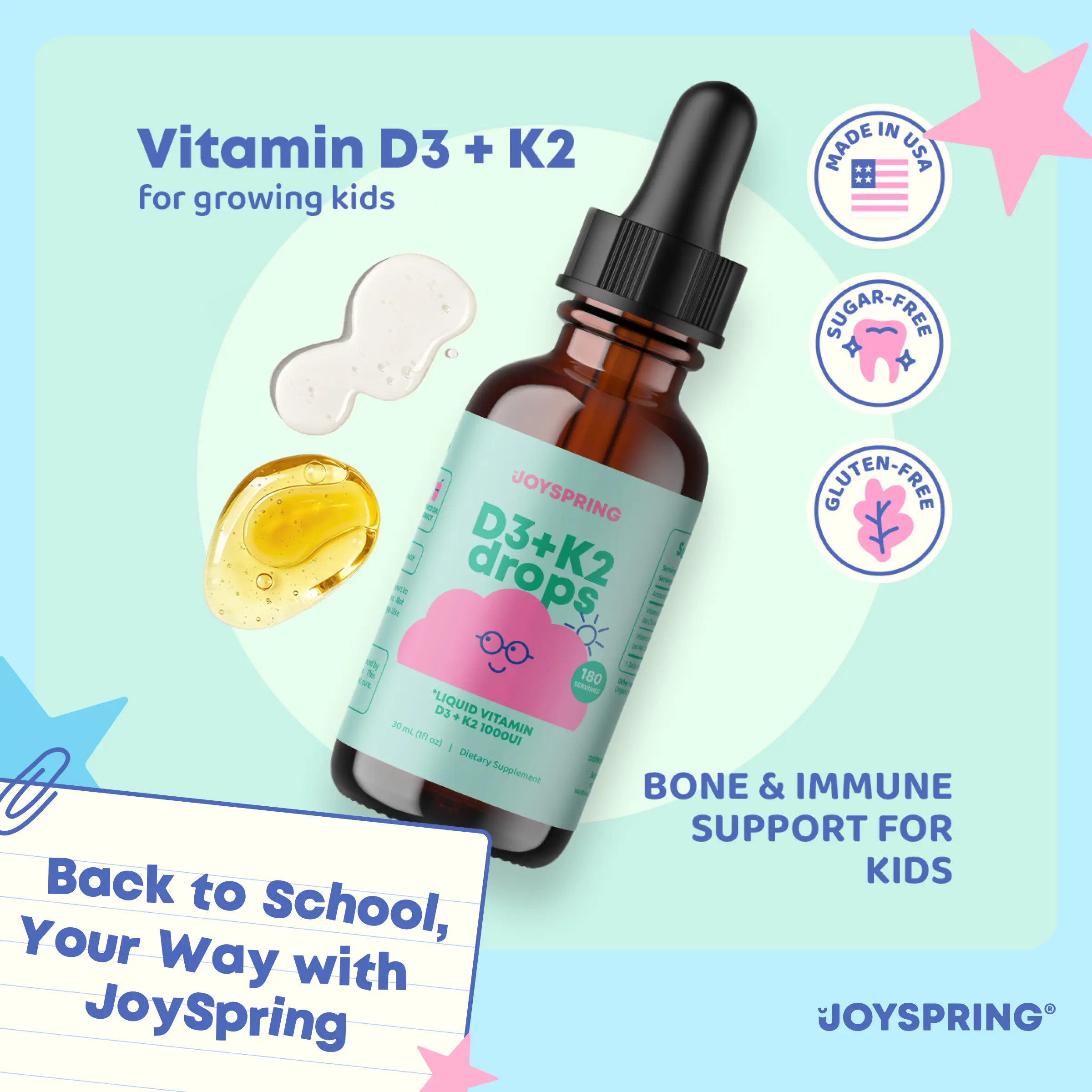 JoySpring Vitamin D3 + K2 Drops – Liquid Supplement for Calcium Absorption & Joint Health