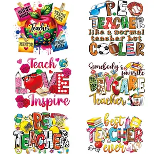 6pcs Large Colorful Teacher's Day Heat Transfer Vinyl Stickers, Washable Durable Iron-On Patches for Clothing, T-Shirts, Hats