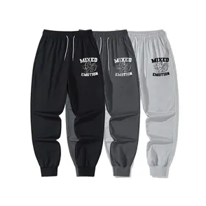 3-piece set, men's spring and autumn sports pants; black & gray, suitable for running fitness, men's clothing, regular version; letter; men's sports casual pants pants, ankle;  Menswear，elastic rope waistband; 100% polyester fiber