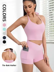 New Women's Backless Sexy Ruched High Stretch Tank Top + Sculpting Side Pocket Shorts Set, Breathable Comfort, Ideal for Sports & Yoga